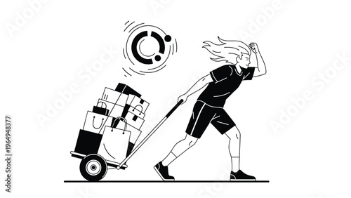 Black and white illustration shows a woman running while pulling a heavy cart filled with shopping bags and boxes under a circular icon.