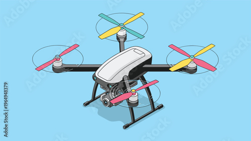 Modern drone quadcopter with colorful propellers and a built-in camera is shown in an isometric view against a solid blue background.