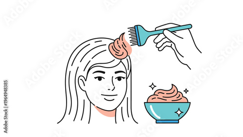 Woman gets her hair colored with thick pink cream using a professional brush, illustrating a beauty treatment process for salon care.