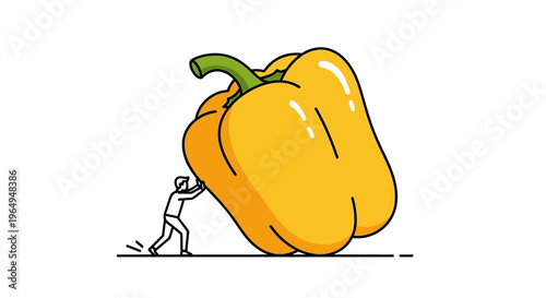Small figure exerts tremendous effort pushing a gigantic yellow bell pepper on a clean white