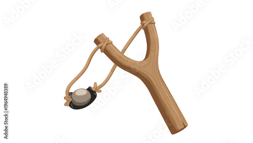 Simple wooden slingshot with a small grey stone loaded in the black leather pouch is shown as a traditional handheld projectile toy.