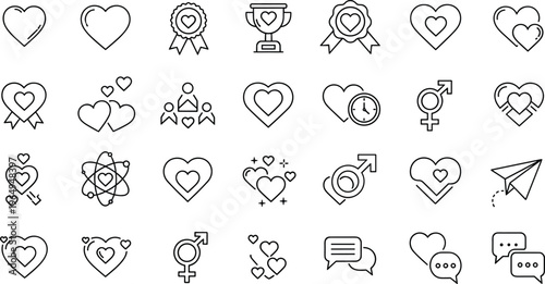 Romantic Love Icon Set with Hearts, Relationship Symbols, Wedding Elements, Valentine Signs, and Minimal Line Style Vector Collection.Romantic Love Icon Set with Hearts, Relationship Symbols, Wedding 
