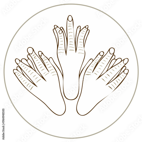 Abstract illustration of three hands with open palms and extended fingers