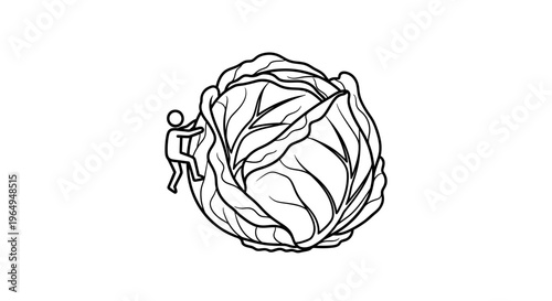 A determined tiny human navigating the leafy terrain of a massive cabbage representing a grand