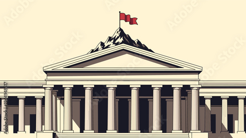Classical institutional building with many columns features a mountain peak with a red flag on top, symbolizing high goals and success.