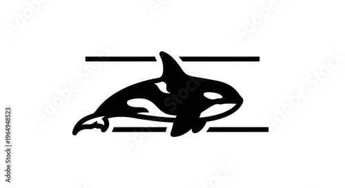 Stylized monochrome killer whale icon swimming between parallel lines, representing marine wildlife
