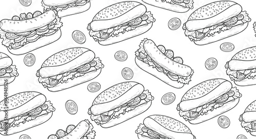 Sandwiches and Hot Dogs Pattern for Fast Food, Diner, and Snack Illustrations