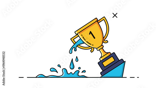 Gold trophy cup is tilted with bright blue water splashing out of it, creating a creative and dynamic illustration of fluid motion and victory.