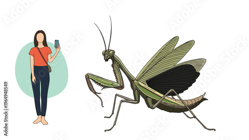 Woman stands calmly next to a giant green praying mantis insect, providing an interesting scale comparison in a clean nature illustration.