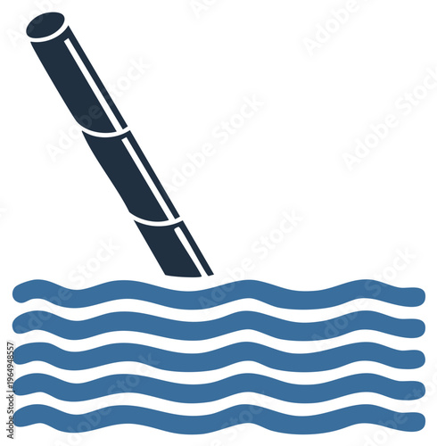 Dark blue bamboo stalk emerging from wavy blue water surface illustration
