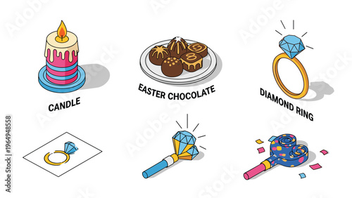 Group of isometric celebratory items includes a striped candle cake, fine chocolates, a diamond ring, and a colorful noisemaker horn.