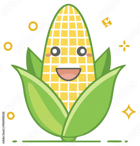 Happy Cartoon Corn Character Smiling Sweet Yellow Maize Flat Design Illustration