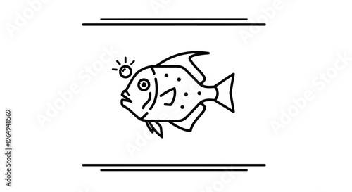 Minimalist line art illustration of an enigmatic deep-sea fish with a distinctive luminous lure icon