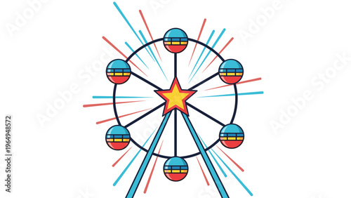 Colorful illustration of a spinning Ferris wheel at a fairground with motion lines creating a sense of dynamic celebration and fun.