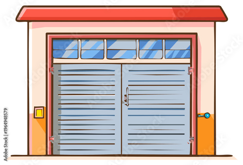Closed cartoon garage door with upper windows and red awning on a residential building facade