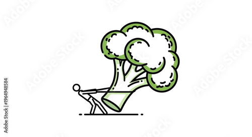 A small figure valiantly pulls an enormous broccoli floret, symbolizing the immense effort towards