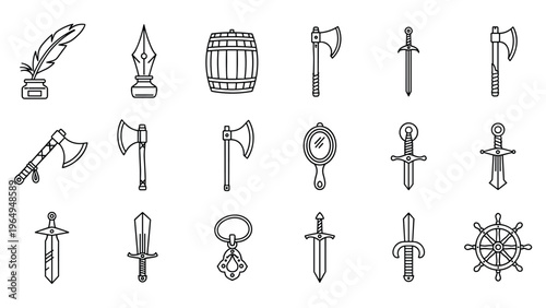 Detailed set of black and white medieval weapon and object icons includes several types of swords, axes, and historical utility items.