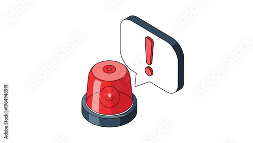 Red emergency siren lamp positioned next to a speech bubble containing an exclamation mark symbol to indicate warning or urgent alert.