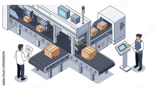 Industrial facility interior showing workers managing a conveyor belt system with cardboard boxes in an automated factory environment.