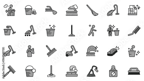 Comprehensive set of cleaning service icons depicting various tasks like vacuuming mopping dusting and laundry activities.