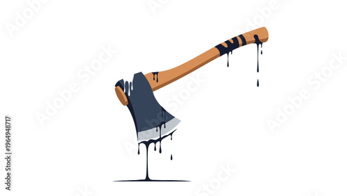 Sharp metal axe with a wooden handle dripping with thick black liquid resembling oil or tar against a white background.