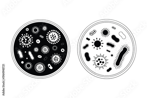 Petri dish illustrations showing diverse microscopic organisms in black and white