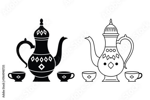 Black and white illustration of traditional arabic coffee pots and cups