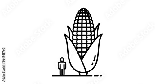 Human figure next to an enormous corn cob depicting grand scale agriculture and food production