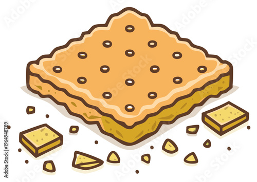 Crunchy square cracker with broken pieces and crumbs vector cartoon illustration