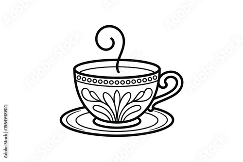 A simple black and white illustration of a teacup and saucer