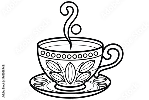 A detailed black and white illustration of a teacup with steam