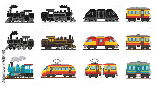 Collection of Diverse Train Types: Vintage, Modern, Electric, and Passenger