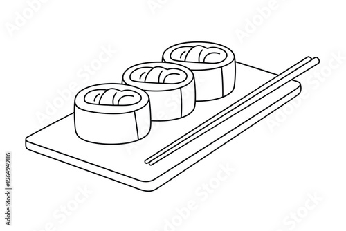 Line drawing of three dim sum dumplings with a pair of chopsticks