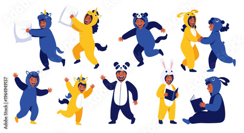 Children in Animal Pajamas Having Fun, Playing and Reading