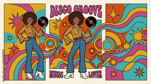 Pin Up Disco Woman Vector Pop Art Dancer with Glasses Holding Vinyl Record Retro Music Illustration