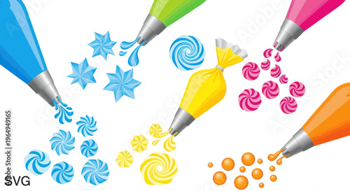 Colorful Icing Bags Decorating Candies and Swirls