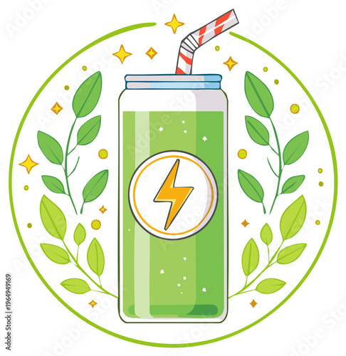 Green energy drink in can with lightning bolt and straw surrounded by leaves