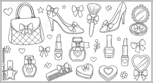 Girly beauty and fashion accessory set featuring hand drawn sketches of high heels perfume lipstick and bows,.eps