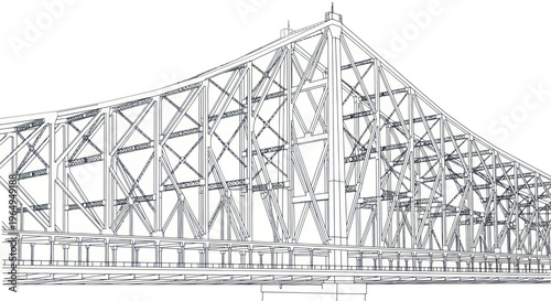 Detailed Line Drawing of a Large Steel Truss Bridge Structure