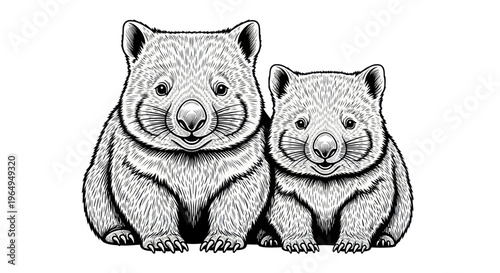 Two Wombats, Cute Australian Marsupials, Hand Drawn Sketch, Black and White