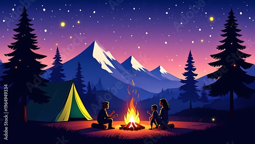A family enjoys a cozy campfire under a starry night sky, with a tent and mountains in the background, creating a peaceful camping scene