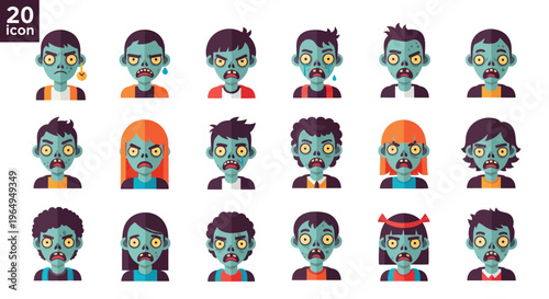 Zombie Avatars Set, Horror Icons, Undead Faces Collection, Cartoon Characters