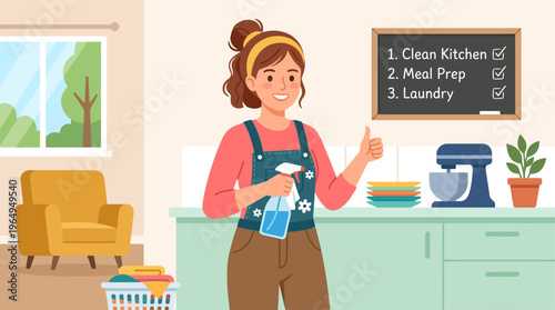 Motivated Young Housewife Vector Illustration Modern Domestic Lifestyle Character Design