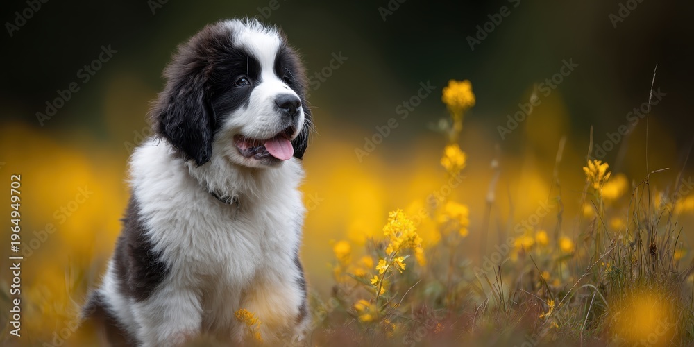 Obraz premium Saint Bernard Puppy in Wildflowers: A charming Saint Bernard puppy, with its distinctive black and white markings, sits attentively amidst a field of vibrant yellow wildflowers.