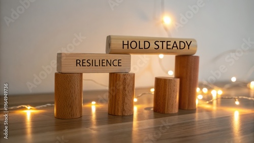Inspirational wooden blocks with words resilience and hold steady on a table with fairy lights glowing in the background