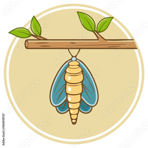 Illustration of a moth pupa hanging from a tree branch with leaves