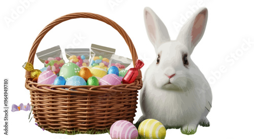 Easter bunny, colorful eggs, wicker basket, springtime fun, holiday vector illustration