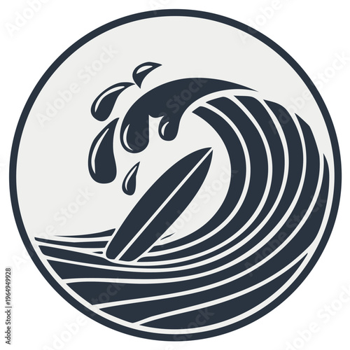 Circular Icon Graphic of a Surfer Riding a Barrel Wave with Water Splashes