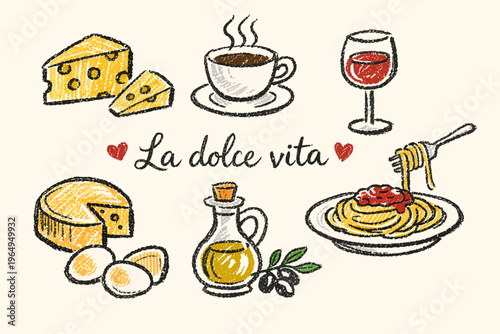 Hand drawn Italian whimsical doodle sketch clip art. Vintage La dolce vita (sweet life in Italian) icons. Crayon or brush drawn cheese, coffee cup, glass of wine with pasta, eggs or cheese
