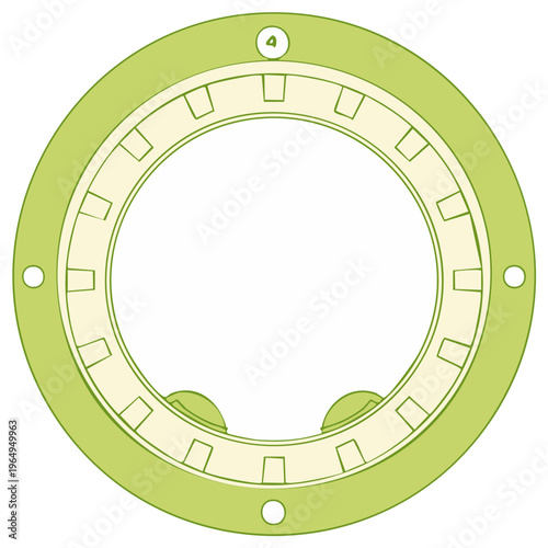 Abstract circular mechanical part with gear like notches and rounded protrusions on a clean background